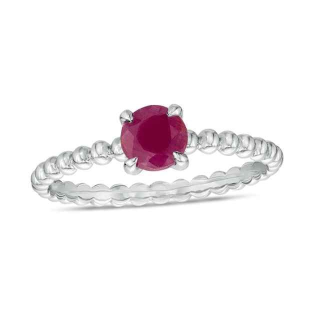 5.0mm Ruby Beaded Comfort-Fit Stackable Ring in 10K White Gold - Size 7