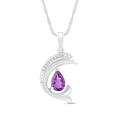 Pear-Shaped Amethyst and Diamond Accent Beaded Dolphin Pendant in Sterling Silver