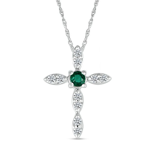 3.0mm Lab-Created Emerald and White Lab-Created Sapphire Duo Marquise Cross Pendant in Sterling Silver