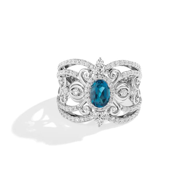 Enchanted Disney Ballroom Cinderella Oval London Blue Topaz and 1-1/5 CT. T.w. Diamond Ring in 14K White Gold â Size 7