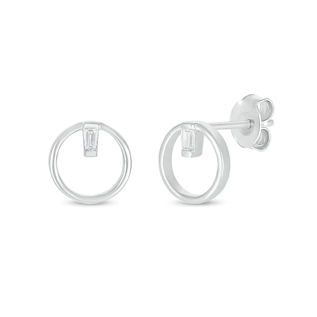 Baguette White Lab-Created Sapphire Solitaire Open Circle Stud Earrings in Sterling Silver