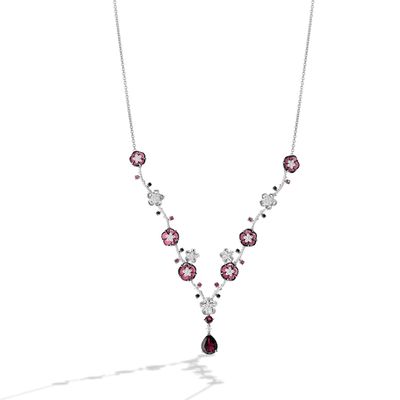 Enchanted Disney Ballroom Mulan Rhodolite Garnet and 2-1/2 CT. T.w. Black Enhanced and White Diamond Necklace in 14K White Gold