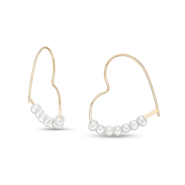 4.5mm Freshwater Cultured Pearl Heart-Shaped Hoop Threader Earrings in 10K Gold