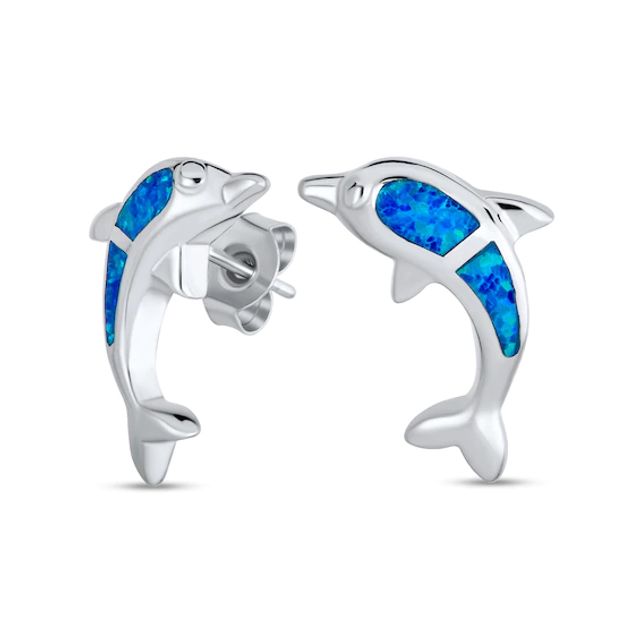 Blue Lab-Created Opal Dolphin Stud Earrings in Sterling Silver