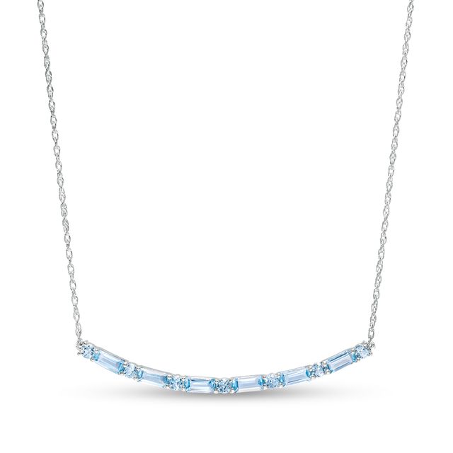 Alternating Baguette and Round Swiss Blue Topaz Curved Bar Necklace in Sterling Silver