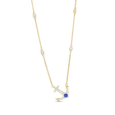 Blue Sapphire and 1/4 CT. T.w. Diamond Offset Anchor Necklace in 10K Gold