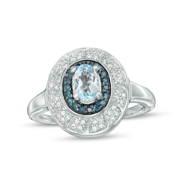 Oval Sky Blue Topaz and 1/4 CT. T.w. Blue Enhanced and White Diamond Double Frame Ring in Sterling Silver