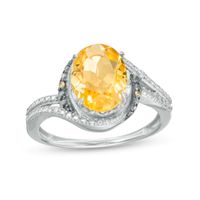 Oval Citrine with Champagne and White Diamond Accent Bead Bypass Ring in Sterling Silver and Rose Rhodium