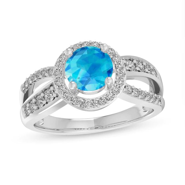 6.0mm Blue Topaz and White Lab-Created Sapphire Frame Split Shank Ring in Sterling Silver - Size 7