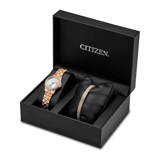 Ladies' Citizen Eco-DriveÂ® Silhouette Crystal Accent Rose-Tone Watch and Bangle Bracelet Box Set (Model: Ew1847-60Y)