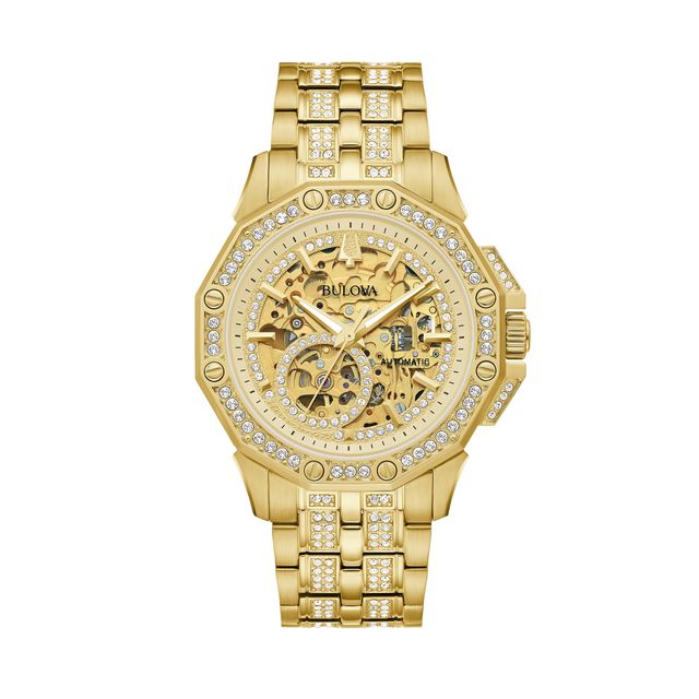 Men's Bulova Octava Crystal Accent Gold-Tone Automatic Watch with Gold-Tone Skeleton Dial (Model: 98A292)