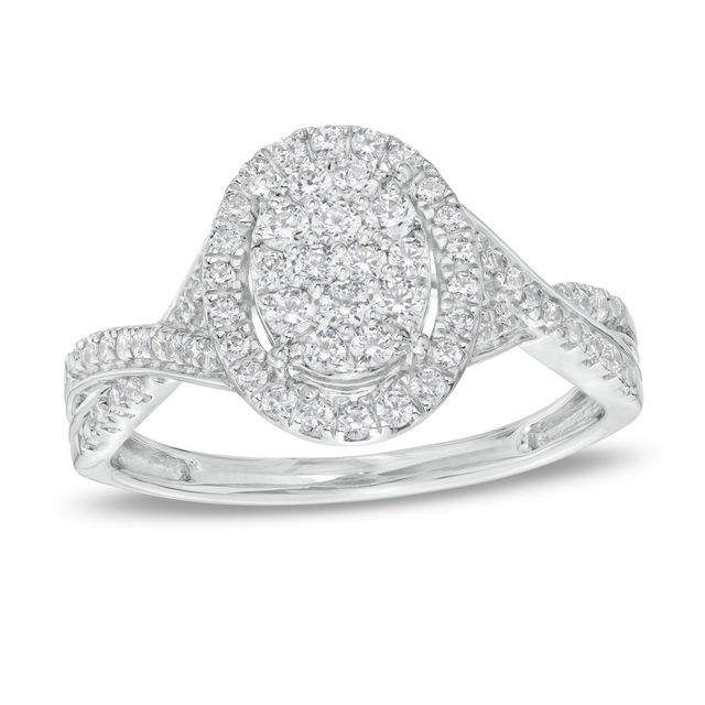 1/2 CT. T.w. Oval-Shape Multi-Diamond Frame Twist Shank Engagement Ring in 10K White Gold