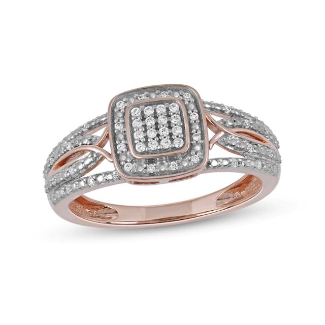 1/8 CT. T.w. Cushion-Shaped Multi-Diamond Beaded Frame Multi-Row Twisted Split Shank Promise Ring in 10K Rose Gold