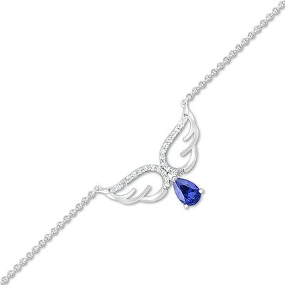 Pear-Shaped Blue and White Lab-Created Sapphire Drop Angel Wings Anklet in Sterling Silver - 10"
