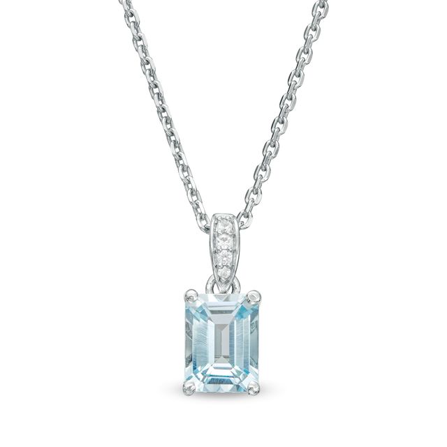 Emerald-Cut Aquamarine and White Lab-Created Sapphire Pendant in Sterling Silver