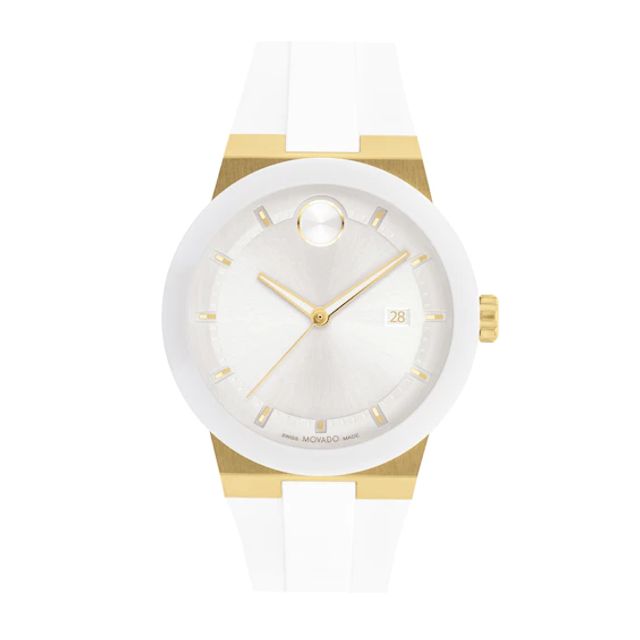 Men's Movado BoldÂ® Fusion Two-Tone IP Ceramic White Strap Watch with White Dial (Model: 3600899)