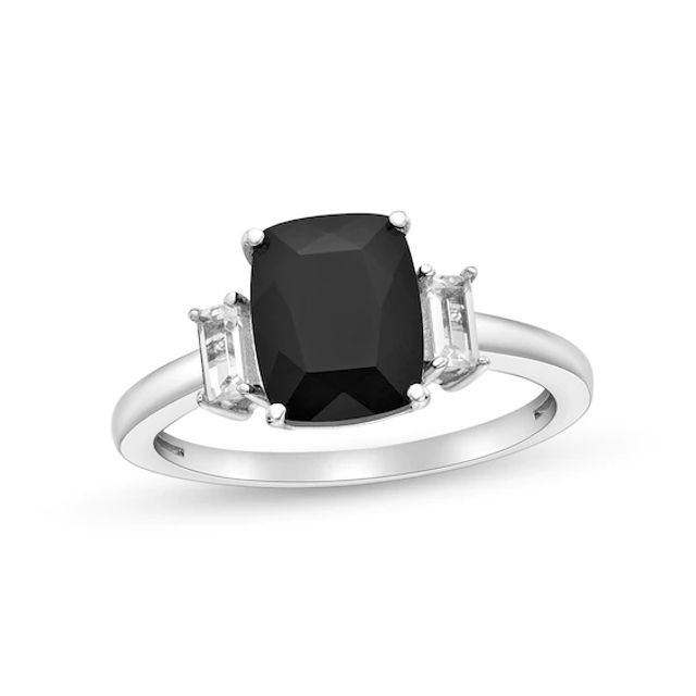 Cushion-Cut Onyx and Baguette White Topaz Collar Ring in Sterling Silver