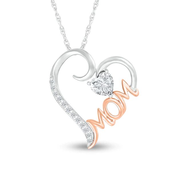 5.0mm Heart-Shaped White Lab-Created Sapphire Mom Tilted Heart Pendant in Sterling Silver and 10K Rose Gold