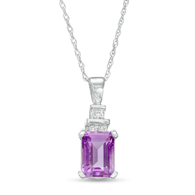 Octagonal Amethyst and Diamond Accent Tri-Top Tiered Pendant in 10K White Gold