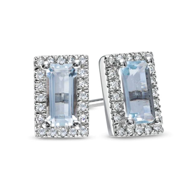 Sideways Baguette Aquamarine and 1/8 CT. T.w. Diamond Frame Stud Earrings in 10K White Gold