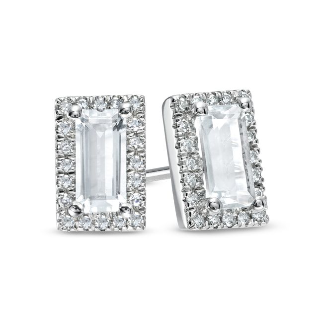 Sideways Baguette White Lab-Created Sapphire and 1/8 CT. T.w. Diamond Frame Stud Earrings in 10K White Gold