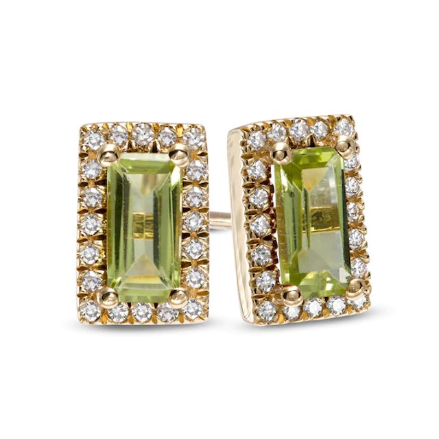 Sideways Baguette Peridot and 1/8 CT. T.w. Diamond Frame Stud Earrings in 10K Gold