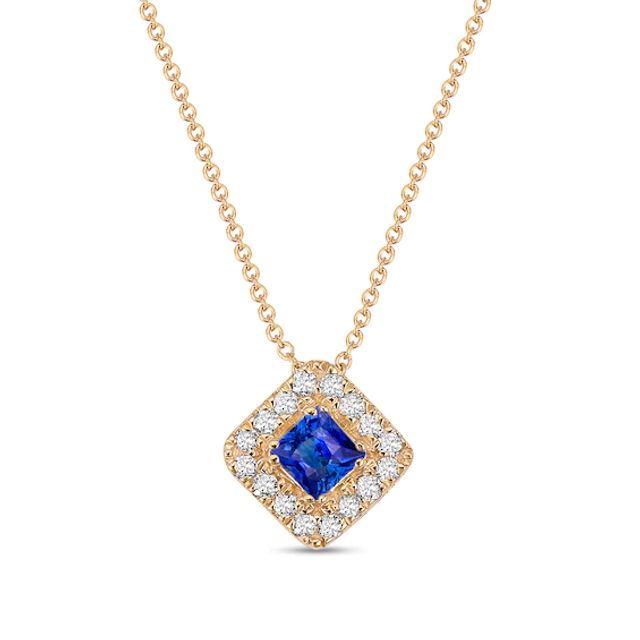 4.0mm Princess-Cut Blue Sapphire and 1/4 CT. T.w. Diamond Frame Tilted Pendant in 10K Gold