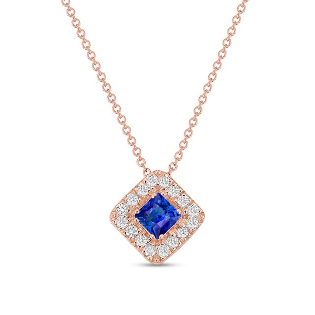 4.0mm Princess-Cut Blue Sapphire and 1/4 CT. T.w. Diamond Frame Tilted Pendant in 10K Rose Gold