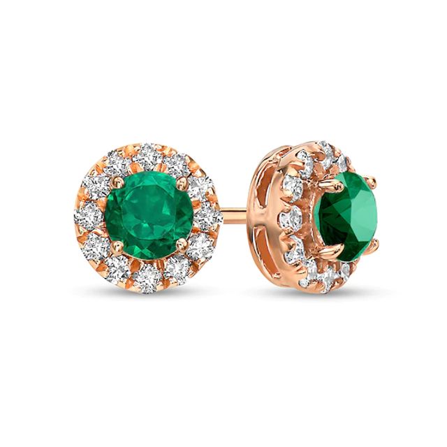 4.0mm Emerald and 1/3 CT. T.w. Diamond Frame Stud Earrings in 10K Rose Gold