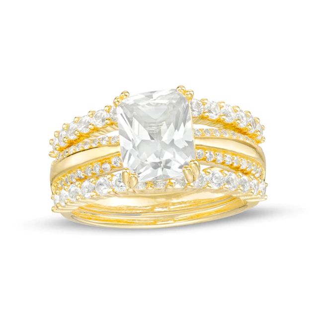 Emerald-Cut White Lab-Created Sapphire Multi-Row Three Piece Bridal Set in Sterling Silver with 14K Gold Plate