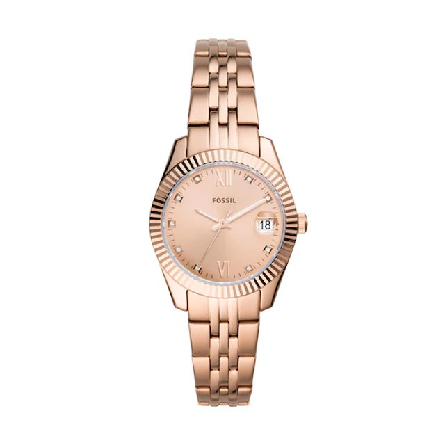 Ladies' Fossil Scarlette Mini Crystal Accent Rose-Tone Watch with Rose-Tone Dial (Model: Es4898)