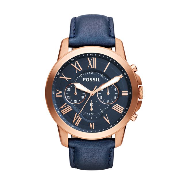 Men's Fossil Grant Rose-Tone Chronograph Blue Leather Strap Watch with Blue Dial (Model: Fs4835)