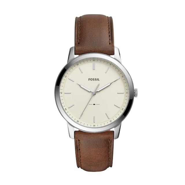 Men's Fossil Minimalist Dark Brown Leather Strap Watch with White Dial (Model: Fs5439)