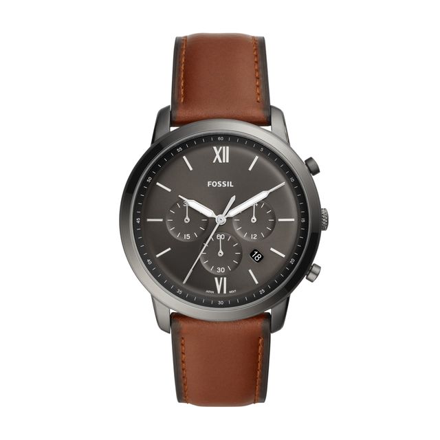 Men's Fossil Neutra Gunmetal Grey IP Chronograph Brown Leather Strap Watch with Gunmetal Grey Dial (Model: Fs5512)