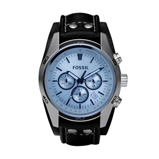 Men's Fossil Coachman Chronograph Black Leather Strap Cuff-Style Watch with Blue Dial (Model: Ch2564)