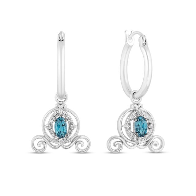 Enchanted Disney Cinderella Blue Topaz and 1/10 CT. T.w. Diamond Carriage Dangle Hoop Earrings in Sterling Silver