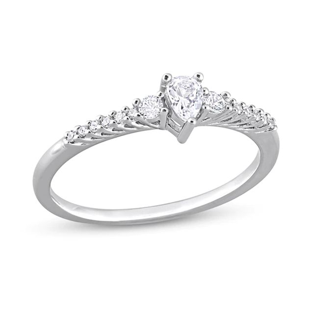 Pear-Shaped White Lab-Created Sapphire and 1/20 CT. T.w. Diamond Promise Ring in Sterling Silver