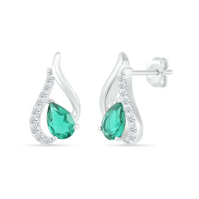 Pear-Shaped Lab-Created Emerald and White Sapphire Tilted Flame Stud Earrings in Sterling Silver