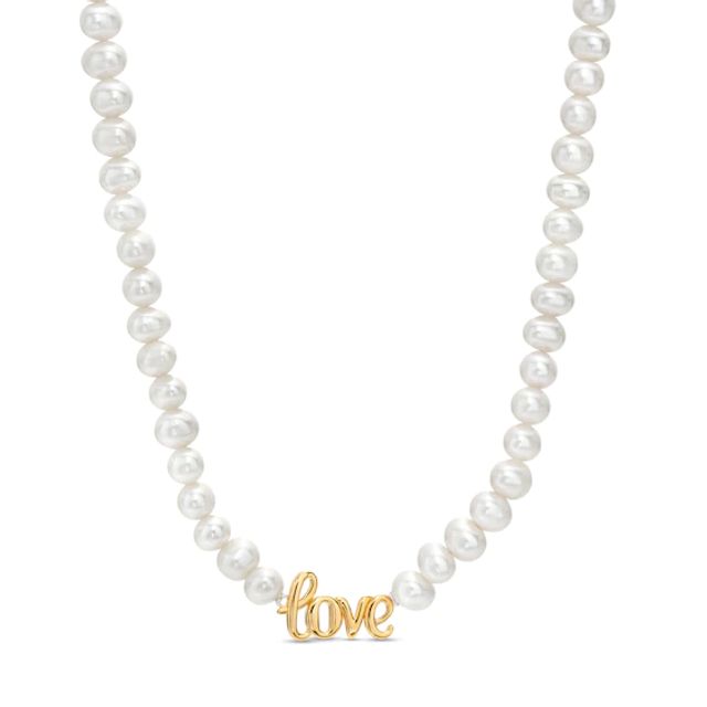 5.0mm Cultured Freshwater Pearl Strand with Cursive "love" Necklace in Sterling Silver with 14K Gold Plate - 17"