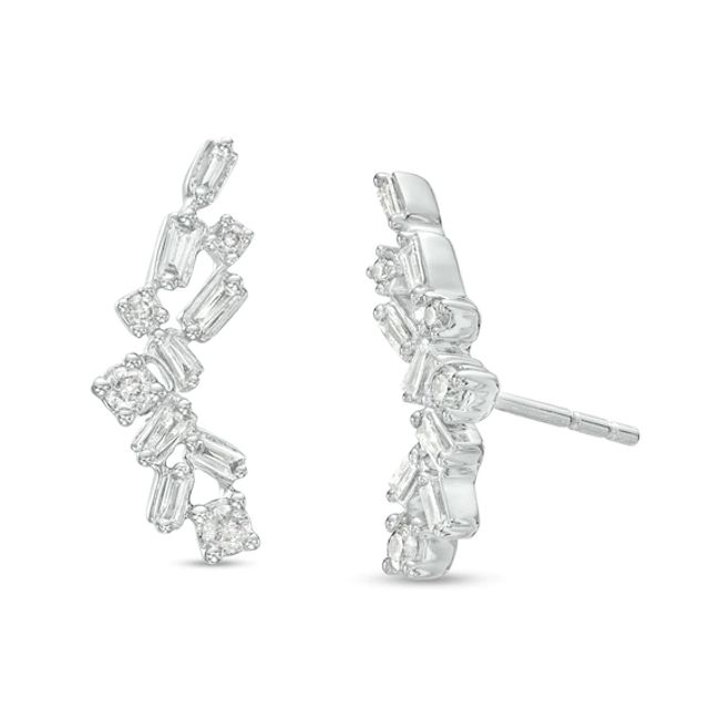 1/4 CT. T.w. Baguette and Round Diamond Cluster Crawler Stud Earrings in 10K White Gold