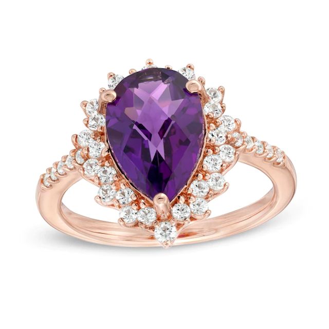 Pear-Shaped Amethyst and White Lab-Created Sapphire Shadow Frame Ring in Sterling Silver with 14K Rose Gold Plate