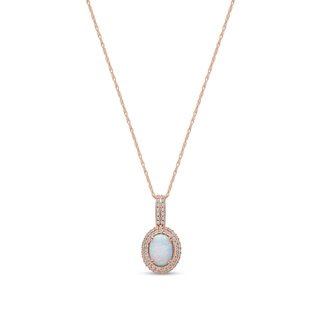 Oval Lab-Created Opal and White Sapphire Double Frame Drop Pendant in 10K Rose Gold