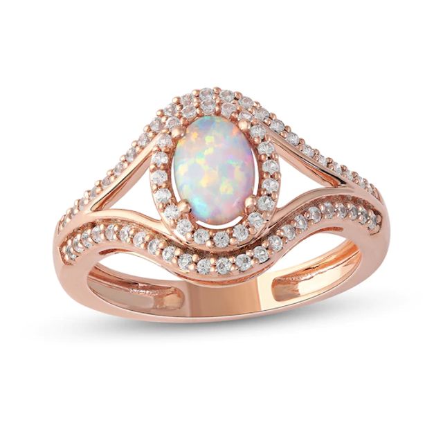 Oval Lab-Created Opal and White Sapphire Edge Split Shank Ring in 10K Rose Gold