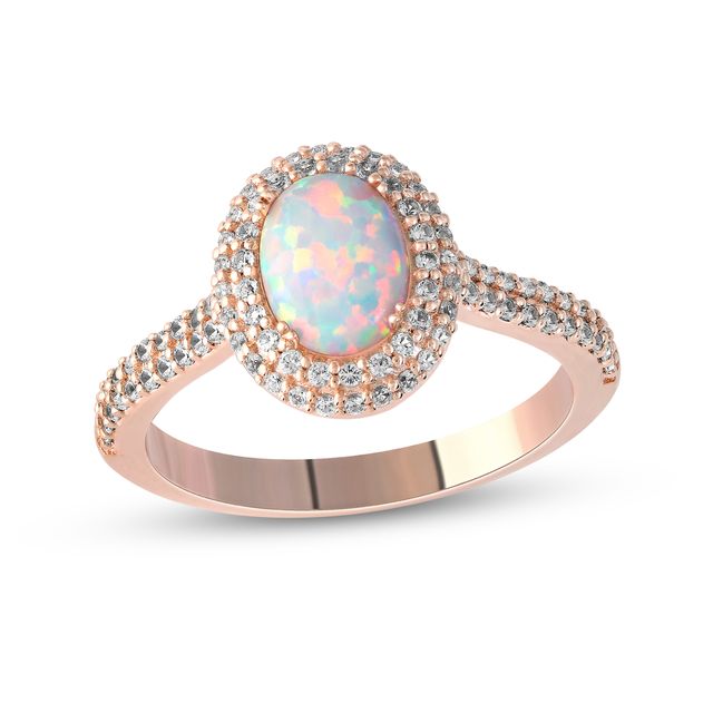 Oval Lab-Created Opal and White Sapphire Double Frame Ring in 10K Rose Gold
