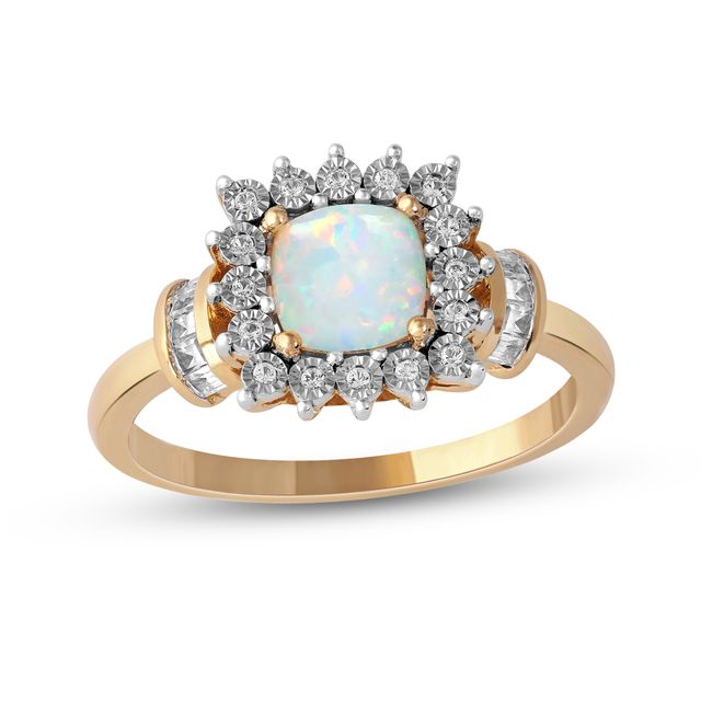 Cushion-Shaped Lab-Created Opal and White Sapphire Shadow Frame with Collars Ring in 10K Gold