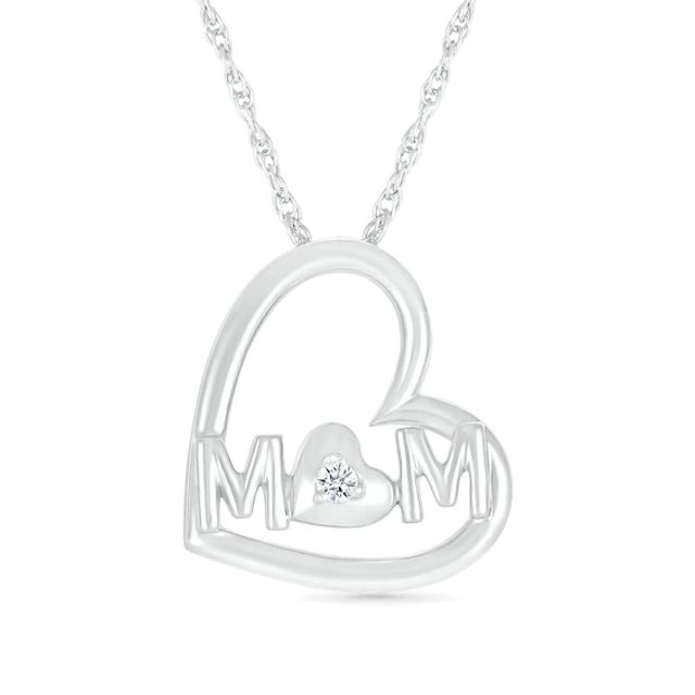 Diamond Accent Solitaire Double Tilted Heart Outline with Mom Pendant in Sterling Silver