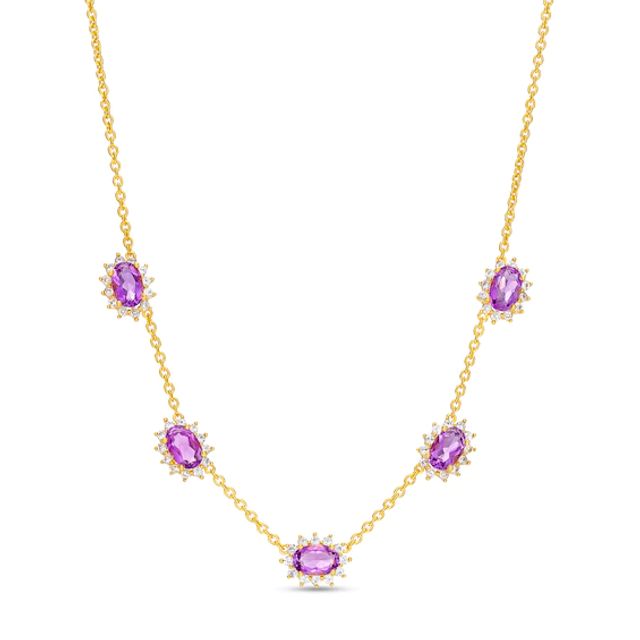 Oval Amethyst and White Lab-Created Sapphire Shadow Frame Station Necklace in Sterling Silver with 14K Gold Plate