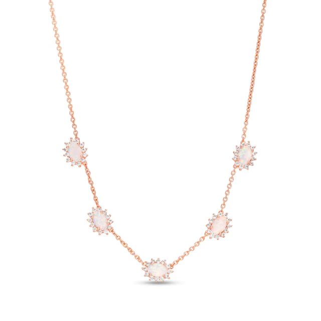 Oval Lab-Created Opal and White Sapphire Shadow Frame Station Necklace in Sterling Silver with 14K Rose Gold Plate