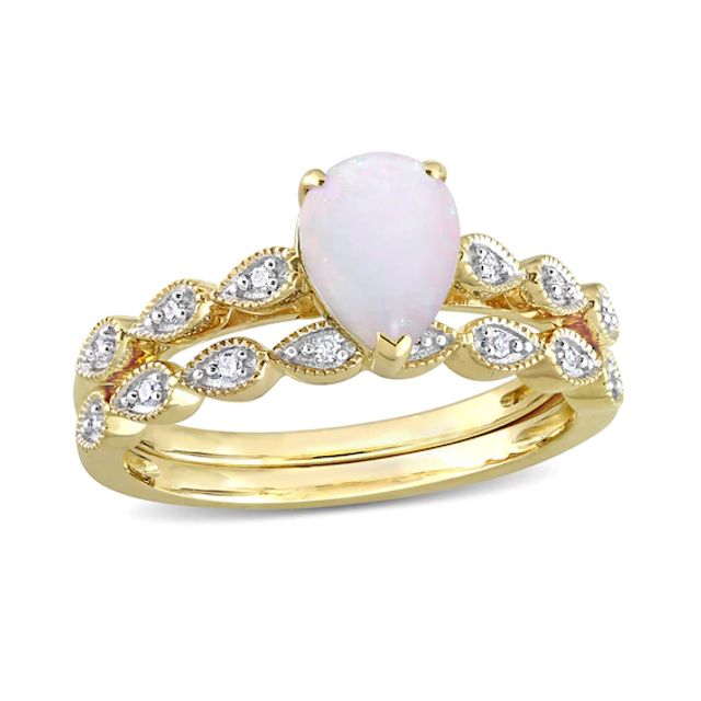 Pear-Shaped Opal and 1/15 CT. T.w. Diamond Sideways Pear-Shaped Shank Vintage-Style Bridal Set in 10K Gold