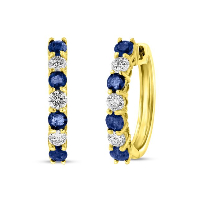 Blue Sapphire and 3/8 CT. T.w. Diamond Alternating Seven Stone Huggie Hoop Earrings in 14K Gold